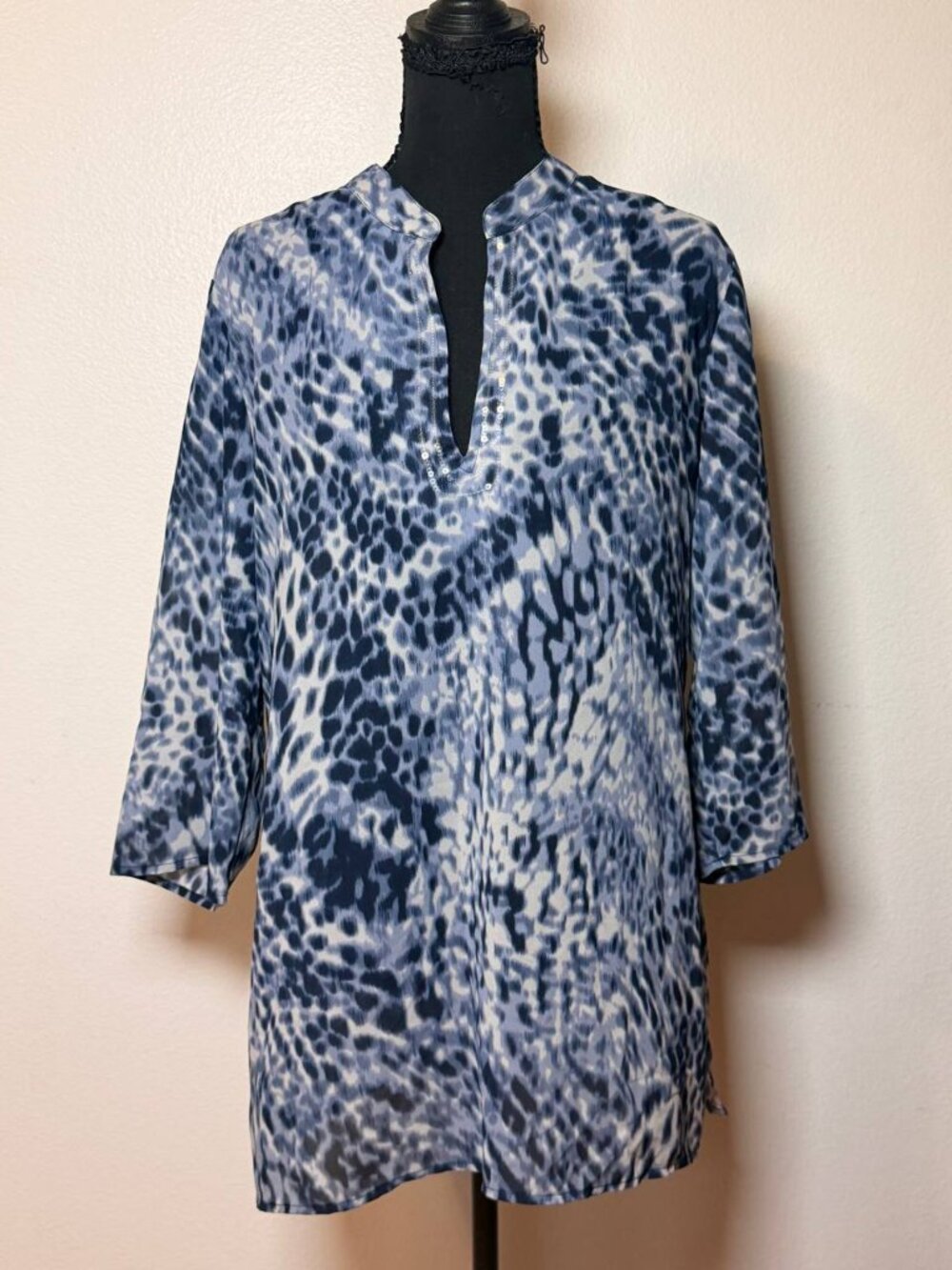 Chico's Blue Leopard Print Tunic Top Sheer Animal Print Boho